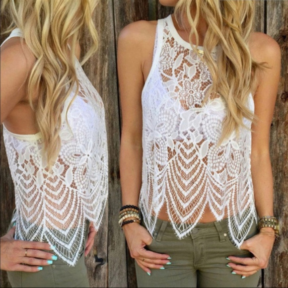 Tops - Summer Beach White Lace Sleeveless Tank Top + Gift